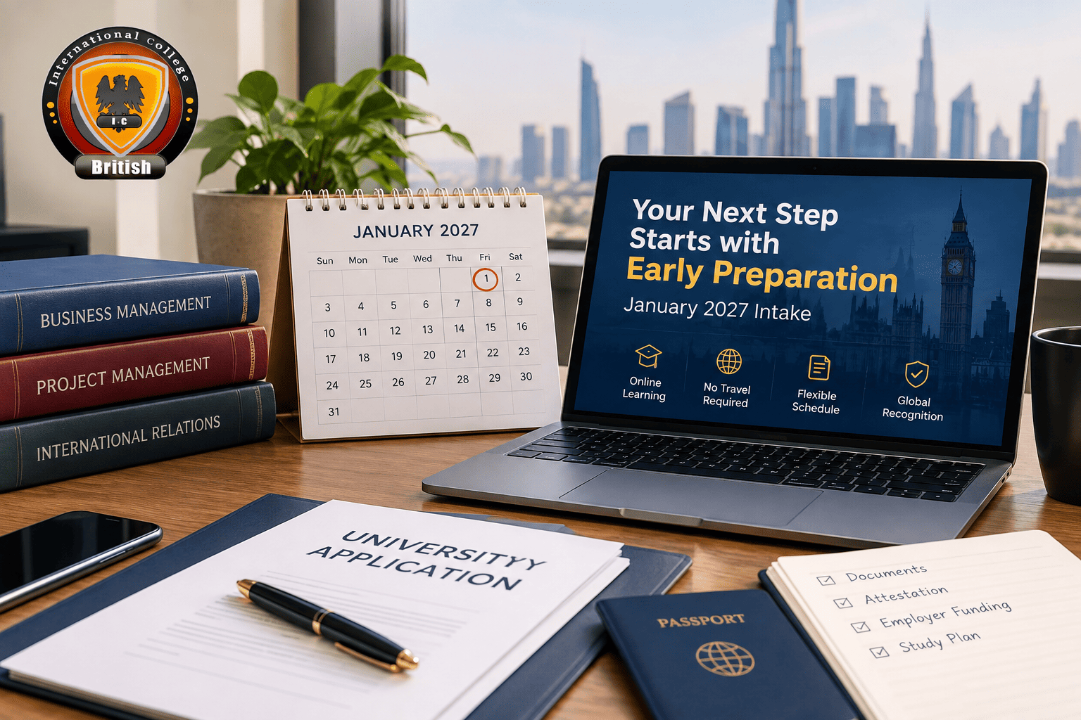 A working professional organizing application documents for a winter intake online masters program.